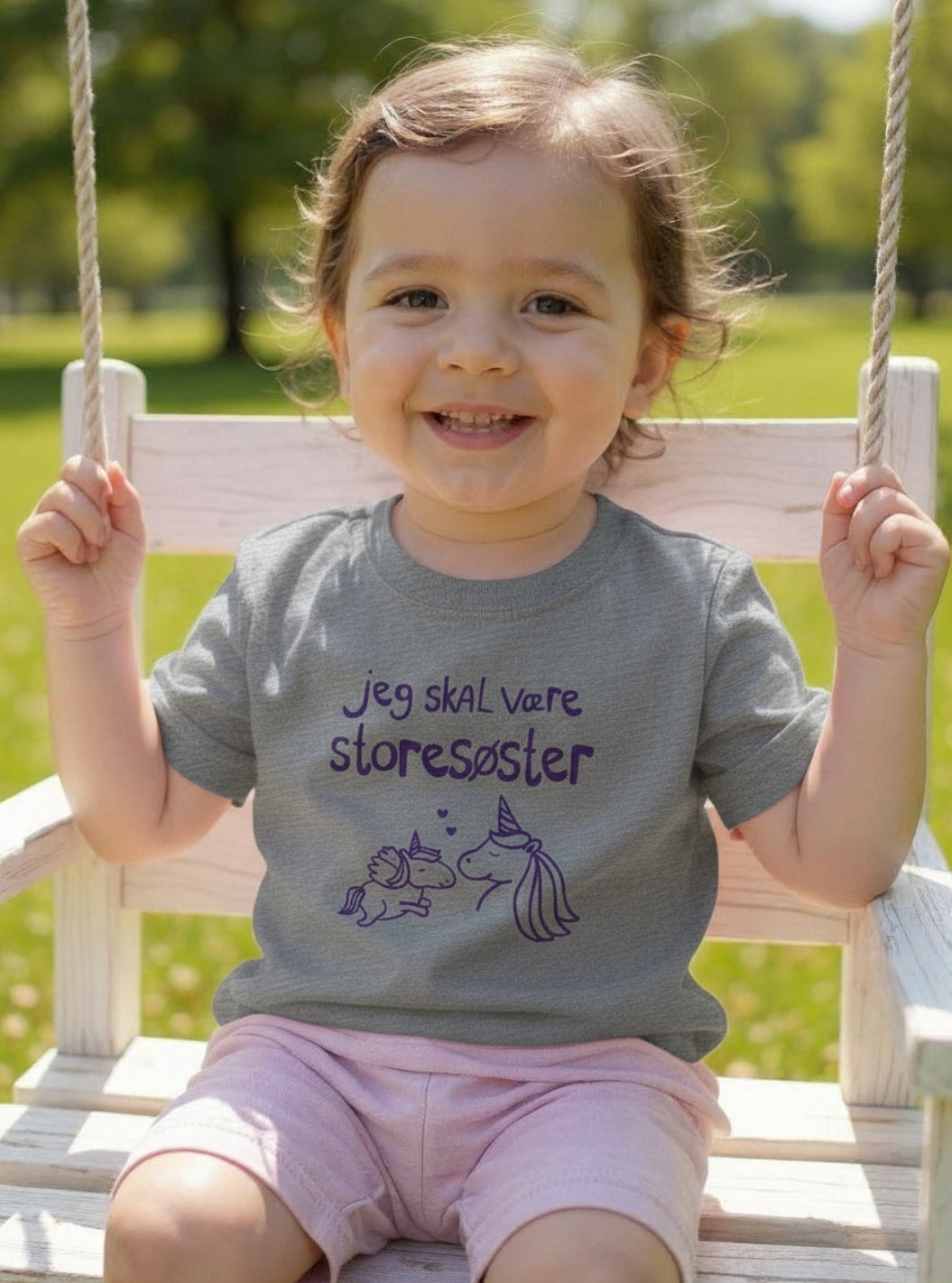 Jeg Skal Være Storesøster T-shirt S/S Enhjørning Grå Med Lilla Enhjørning Print