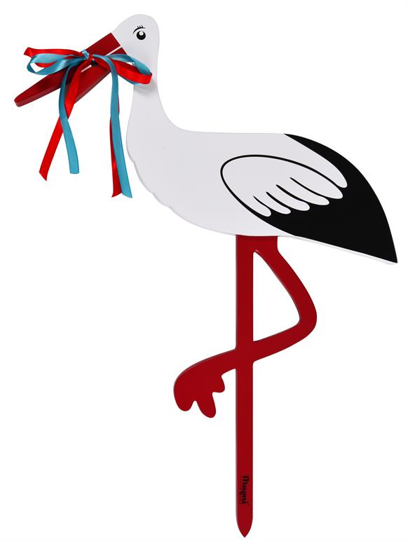 Magni - Fødselsstork Stor I Træ M/Rødt Og Blåt Bånd 80 CM